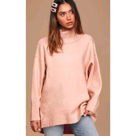 Free People Pink Afterglow Mock Neck Sweater Tunic Oversized Slouchy Size Small - Picture 1 of 13